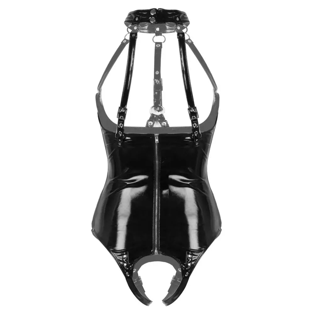 Womens PVC/Latex look body suit crotchless design