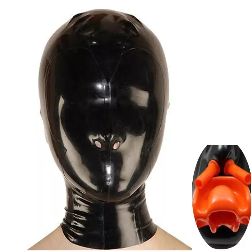 Latex gimp hood (three varieties with mouth and nasal tubing)