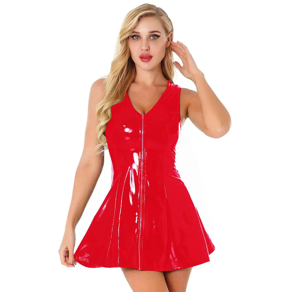 Women Glossy Leather Dress Sleeveless Shiny Latex (Black or Red)