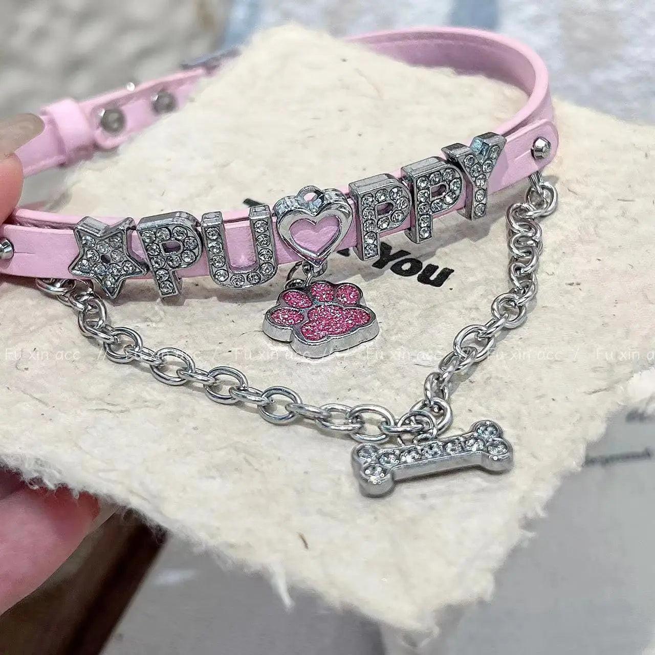 Handmade Sexy Puppy Letter Collar Choker for Slave (pink)